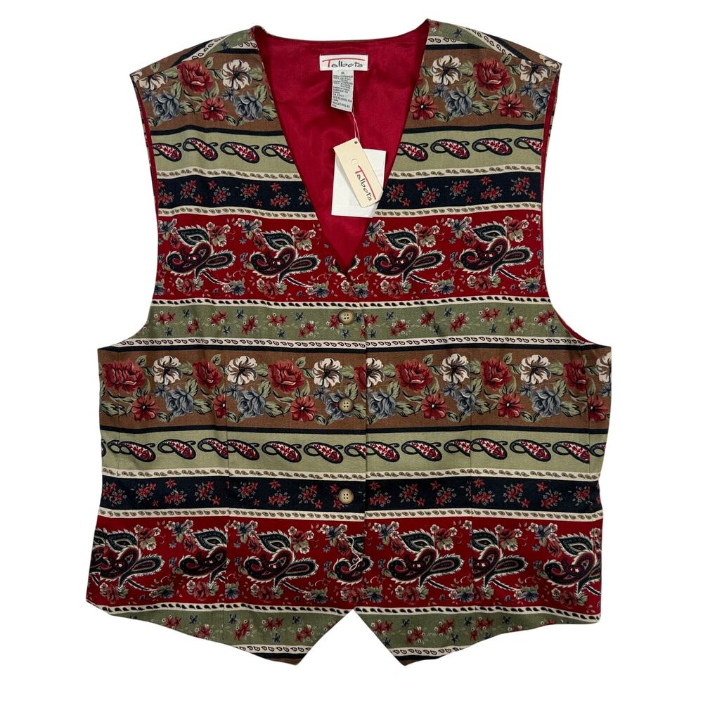 Vintage 90s Talbots Womens XL Floral Paisley Patchwork Vest Cotton NWT